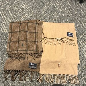 Polo by Ralph Lauren Plaid Brown and Solid Tan Scarves. Lambswool.
